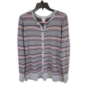 L.L. Bean Cardigan Sweater Women's Large Cotton Cashmere Blend Gray Fair Isle